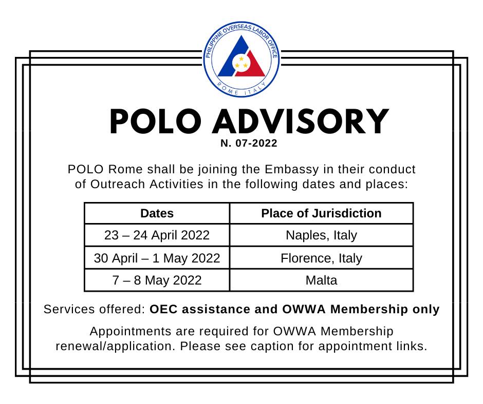 POLO Advisory No. 7 – POLO Outreach Schedule