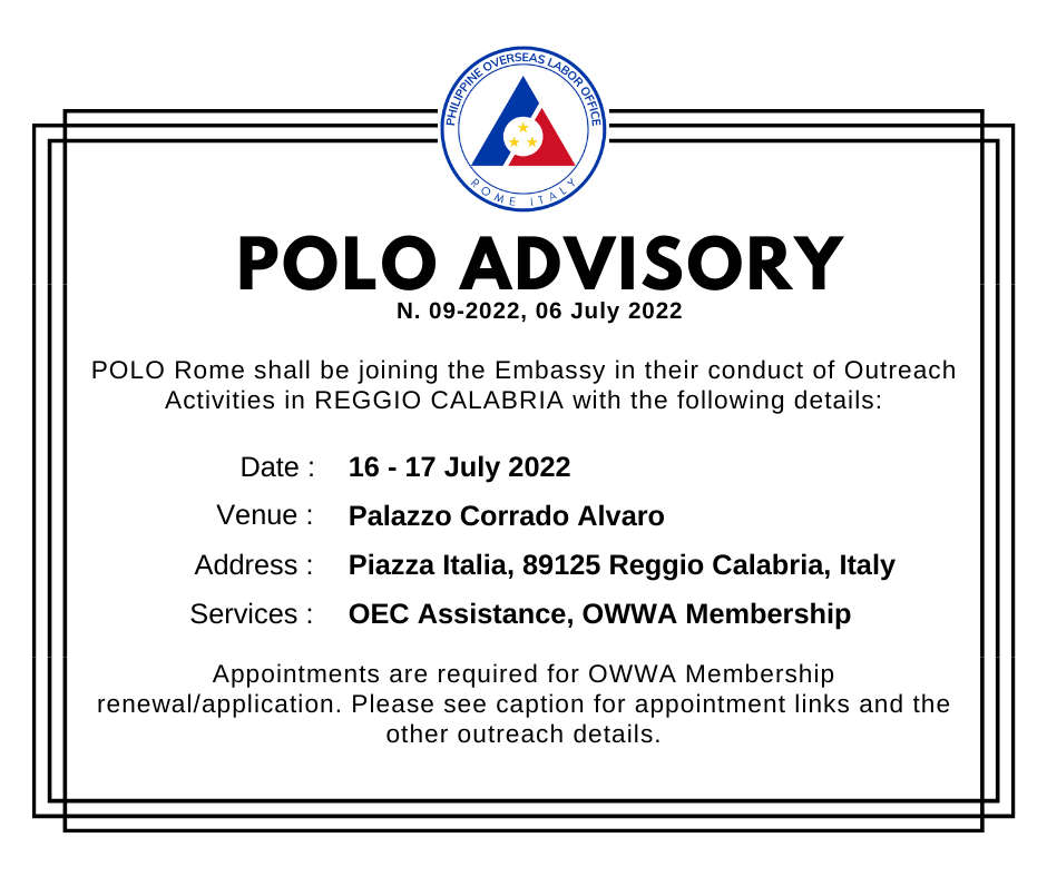 POLO Advisory No. 9 – Consular Outreach Activities in Reggio Calabria