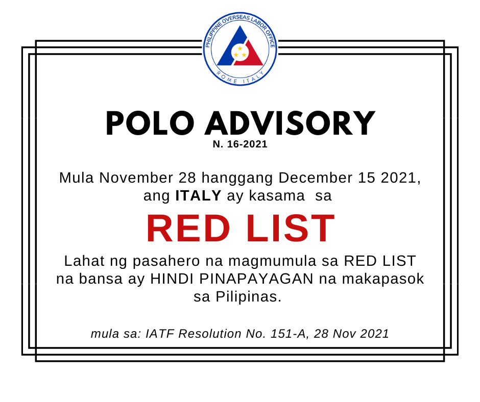 POLO Advisory No. 16 – ITALY placed on RED LIST