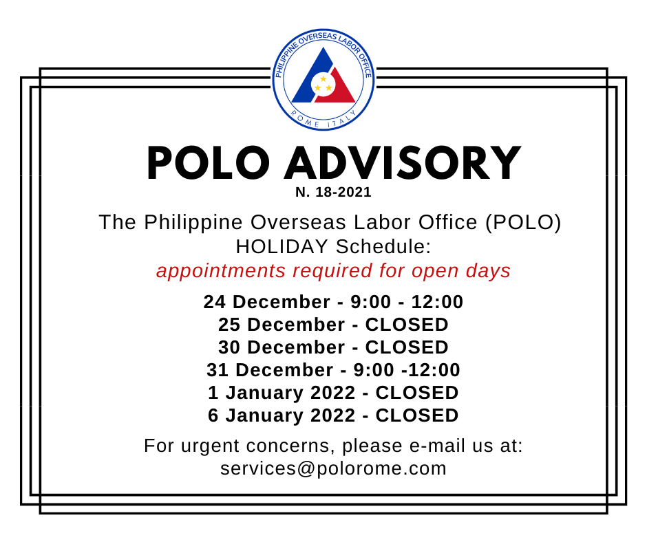 POLO Advisory No. 18 – POLO Rome Holiday Schedule